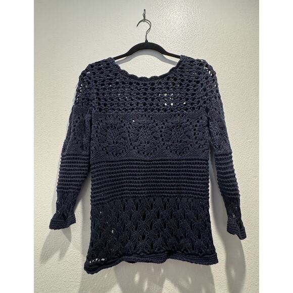Lucky Brand Sweaters - Lucky Brand Navy Blue Crochet Sweater Women’s Size Small Button Back Knit Boho